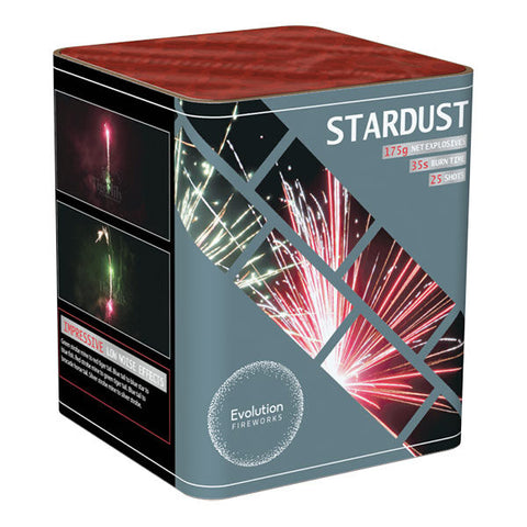 STARDUST 175 GRAMS EXPLOSIVE 35 SECONDS BURN TIME 25 SHOTS
