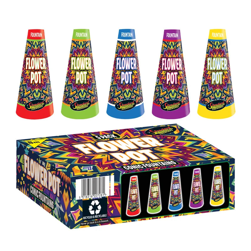 A box of Frontier Flower Pot Concussion Fireworks, shown with five individual cone-shaped firework packs in red, green, blue, purple, and yellow, all featuring a colorful geometric pattern.