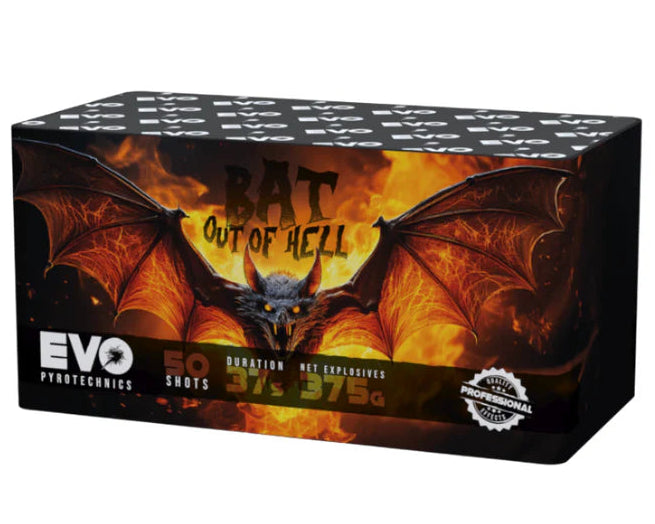 Firework box with bat design and 'EVO' branding on a white background