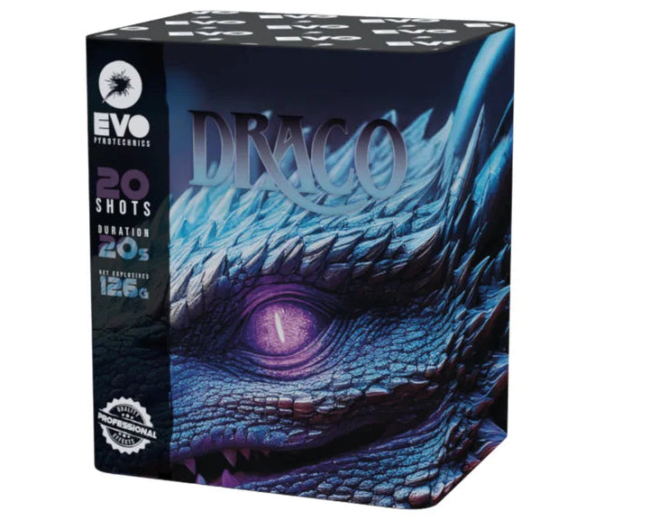 Firework box with dragon design and 'EVO' branding on a white background