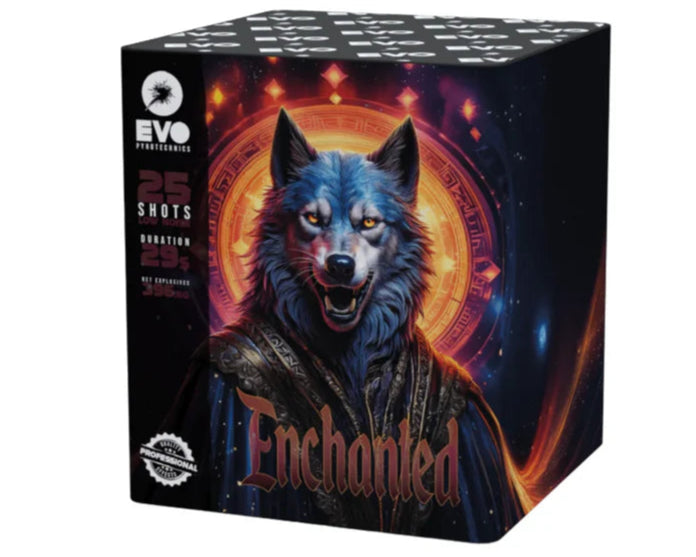 Fireworks box with wolf design and 'Enchanted' text on a white background
