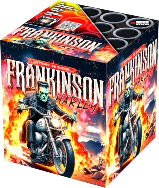 Box packaging for 'Frankinson Harley' battery 18 shots fireworks, featuring a fiery graphic design with a skeleton motorcycle rider and the Harley-Davidson logo.