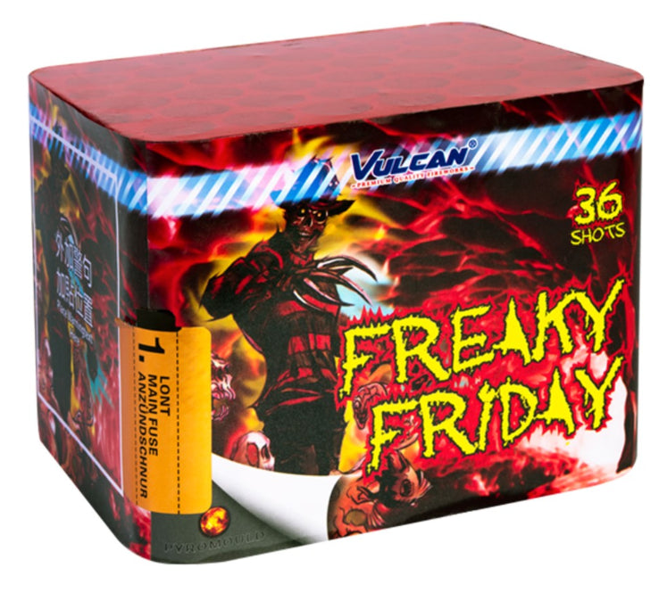 Fireworks box labeled 'Freaky Friday' with vibrant design and 'Vulcan' branding.