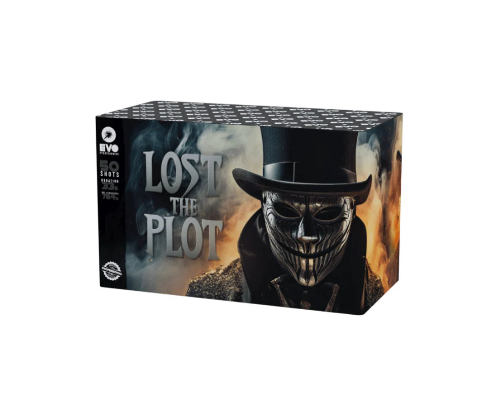 Firework box with a mask design and 'Lost the Plot' text on a white background