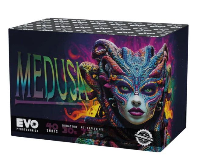 Fireworks box with 'Medusa' design and EVO branding on a white background