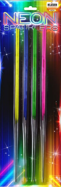 Pack of six neon sparklers in a rainbow of colors, packaged in a clear plastic bag with a colorful backing card featuring the text 'NEON SPARKLERS' and the brand 'KLAUSEK'.