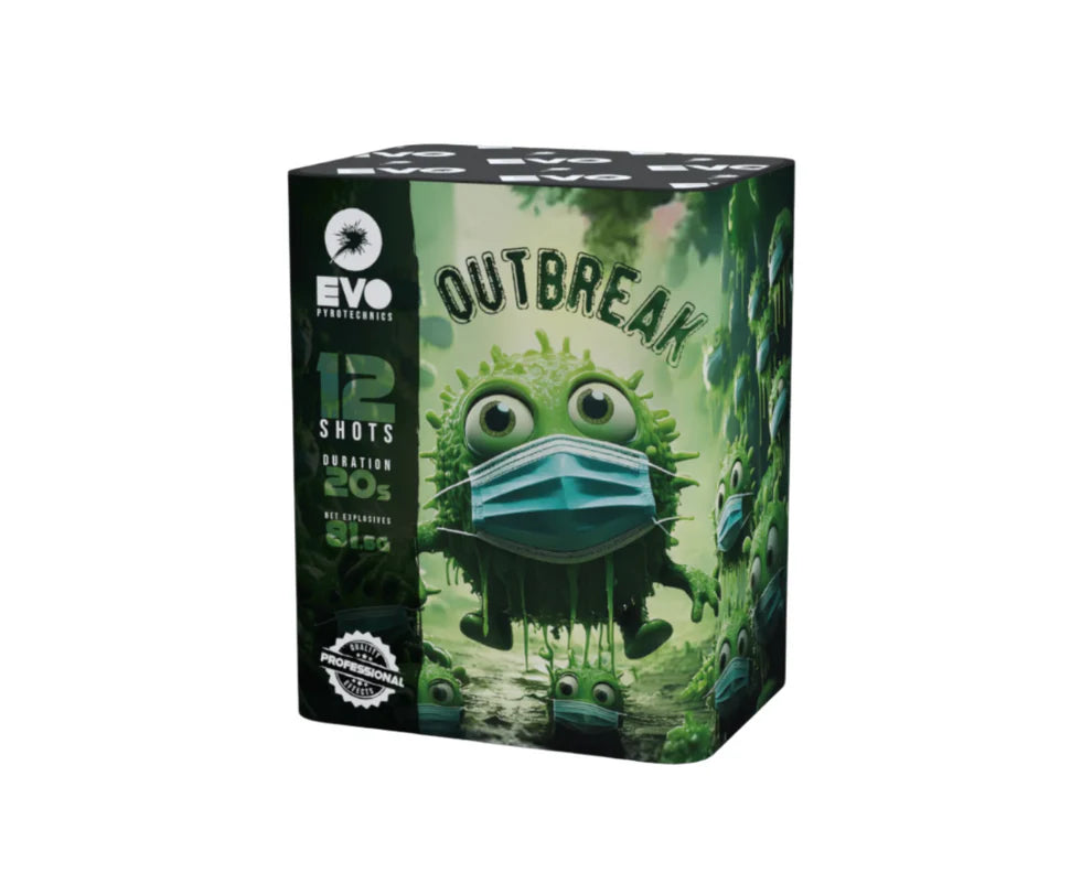 Box of 'Outbreak' with a green character wearing a face mask on a white background