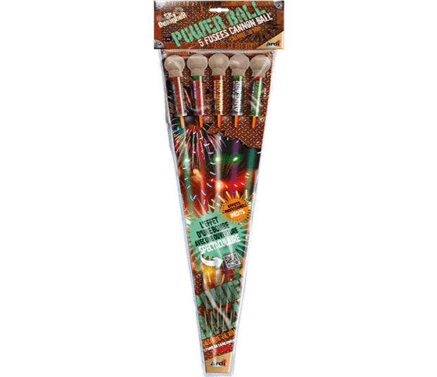 Packaged fireworks with colorful labels on a white background