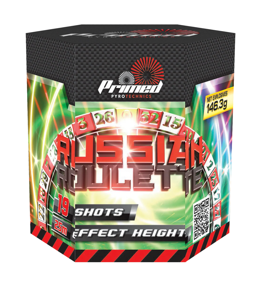 Fireworks box labeled 'Russian Roulette' with Primed Pyrotechnics branding on a white background.