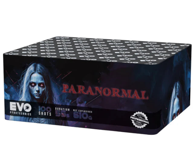 Fireworks box labeled 'Paranormal' with a dark design featuring a face.