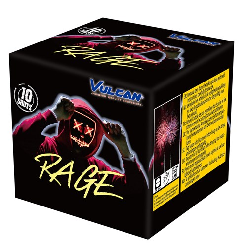 Vulcan Rage firework box with graphic design and product details.