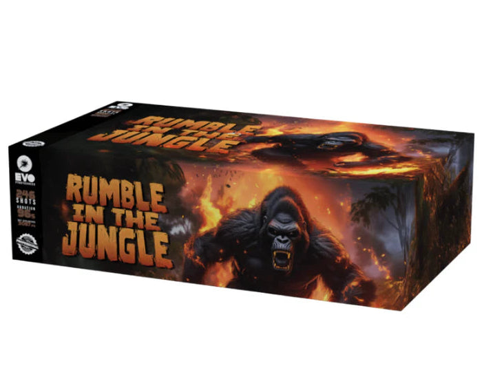 Board game box titled 'Rumble in the Jungle' with a gorilla illustration on a white background