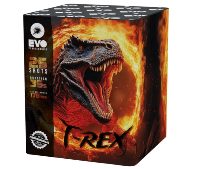 Firework box featuring a T-Rex design with 'Evo' branding on a white background