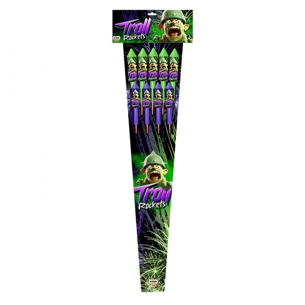 Pack of Troll Rockets firework displays on a plain white background, featuring green and purple rockets with character graphics.