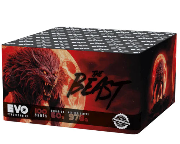 Fireworks box labeled 'The Beast' with a wolf design on a white background