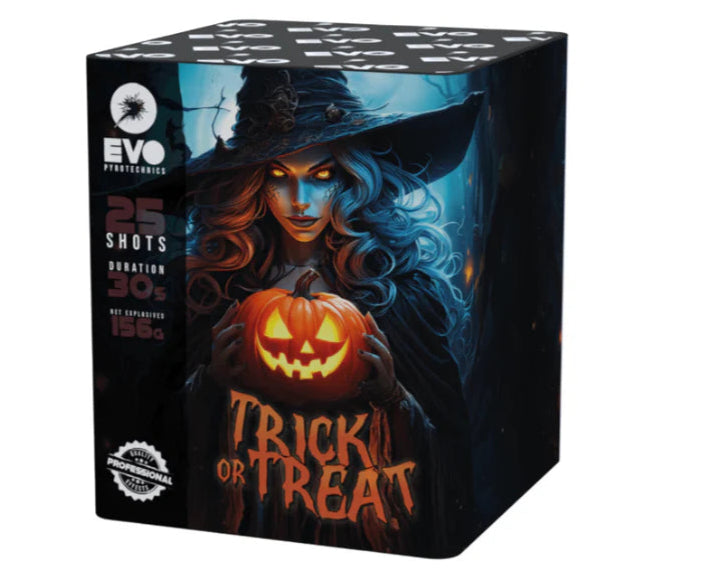 Halloween-themed product packaging with a witch holding a pumpkin, featuring the brand 'EVO'.