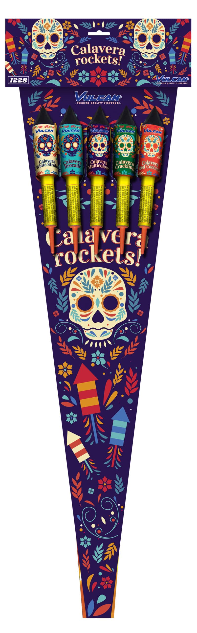 A Dia de los Muertos themed pennant banner featuring five colorful 'Calaveras Rocketz' pencils. The dark purple pennant is decorated with sugar skull illustrations, the text 'Calaveras Rocketz', and festive Mexican patterns, and is shown hanging against a plain white background.
