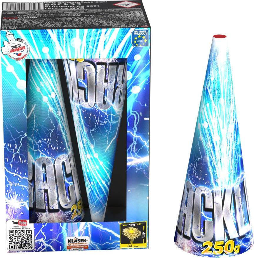 A cone-shaped fireworks rocket labeled 'ACX10' with '250g' printed on it, shown next to its retail box. The packaging and rocket feature a vibrant blue and white lightning-burst design.
