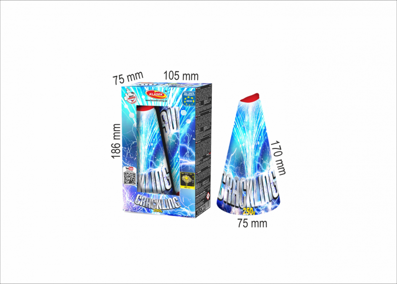 A packaged firework shown beside an exploded view of the firework cone with printed dimensions labeled 75 mm, 105 mm, 170 mm, and 75 mm on a plain white background.