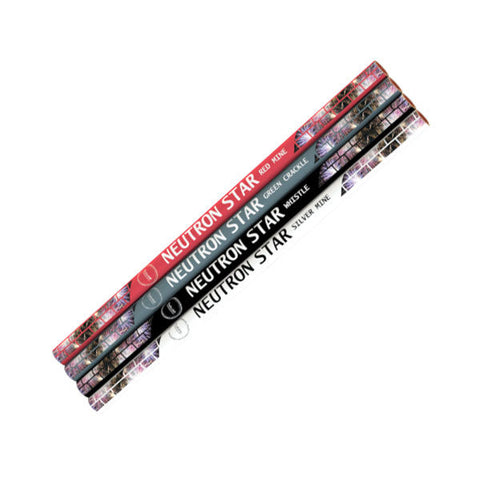 neutron stars 4 pack of roman candles consisting of red mine, green crackle, whistle and silver mine