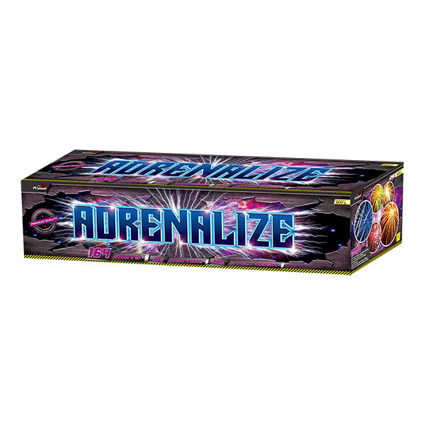 A box of Primed brand 'Adrenalize' fireworks, with a colorful design featuring stars and the text '164 shots' prominently displayed.