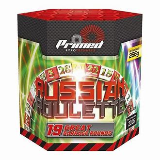 Packaging for PRIMED Russian Roulette fireworks with graphics depicting various firework shots and the product name prominently displayed.
